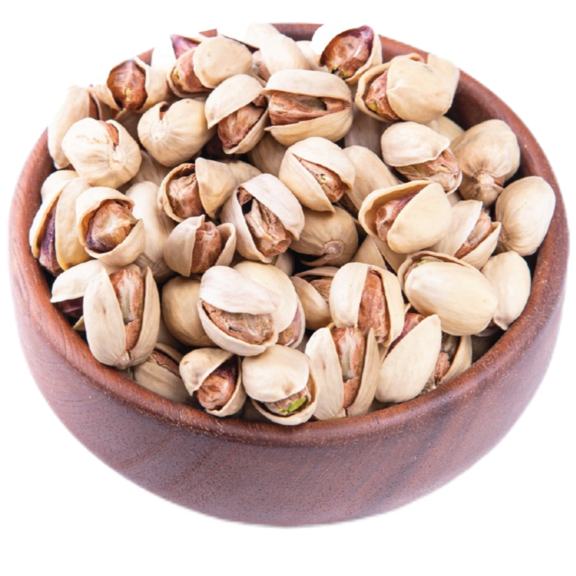 Kalleh Ghouchi pistachios in a wooden bowl. it's variety of Iranian pistachios and they are very long and elongated.